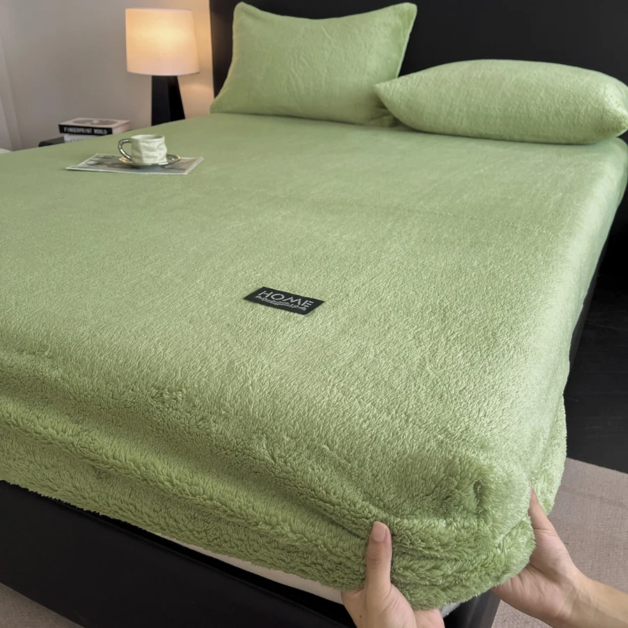 WASART Winter Warm Coral Fleece Fitted Sheet Elastic Mattress Protector Cover Fluffy Plush Couple Bed Linens 150x200 King Size
