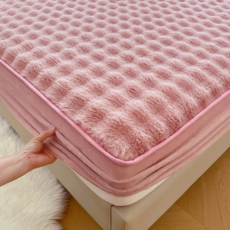 WASART Soft warm rabbit plush fitted sheet elastic mattress protector cover fluffy coral fleece 150cm winter bedsheet king size
