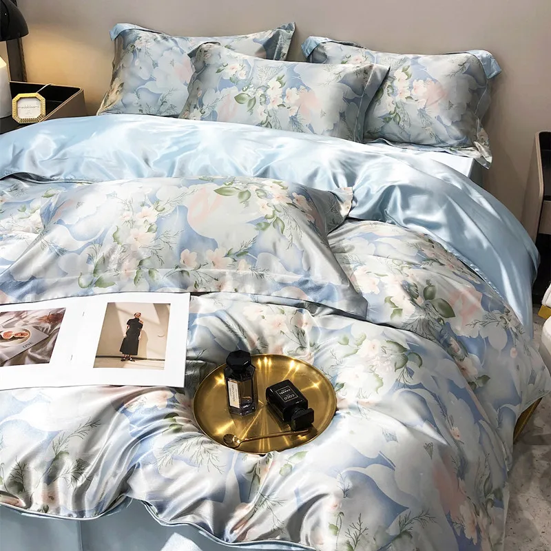 Luxury Floral Silk Bedding Set with Duvet Cover Fitted & Flat Bed Sheet Pillowcase Silky Smooth Bed Sheet Sets Twin Full Queen
