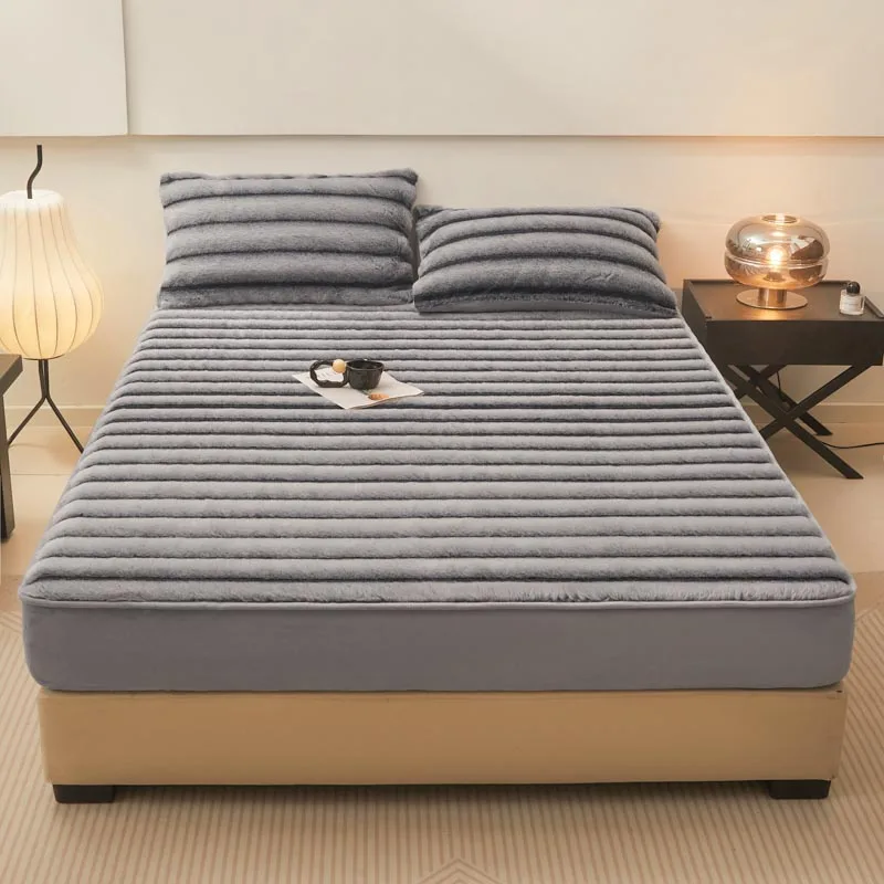 New Thickened Imitation Rabbit Fur Fitted Sheet with All Around Elastic Bands Winter Warm Bed Linen Plush Soft Mattress Cover