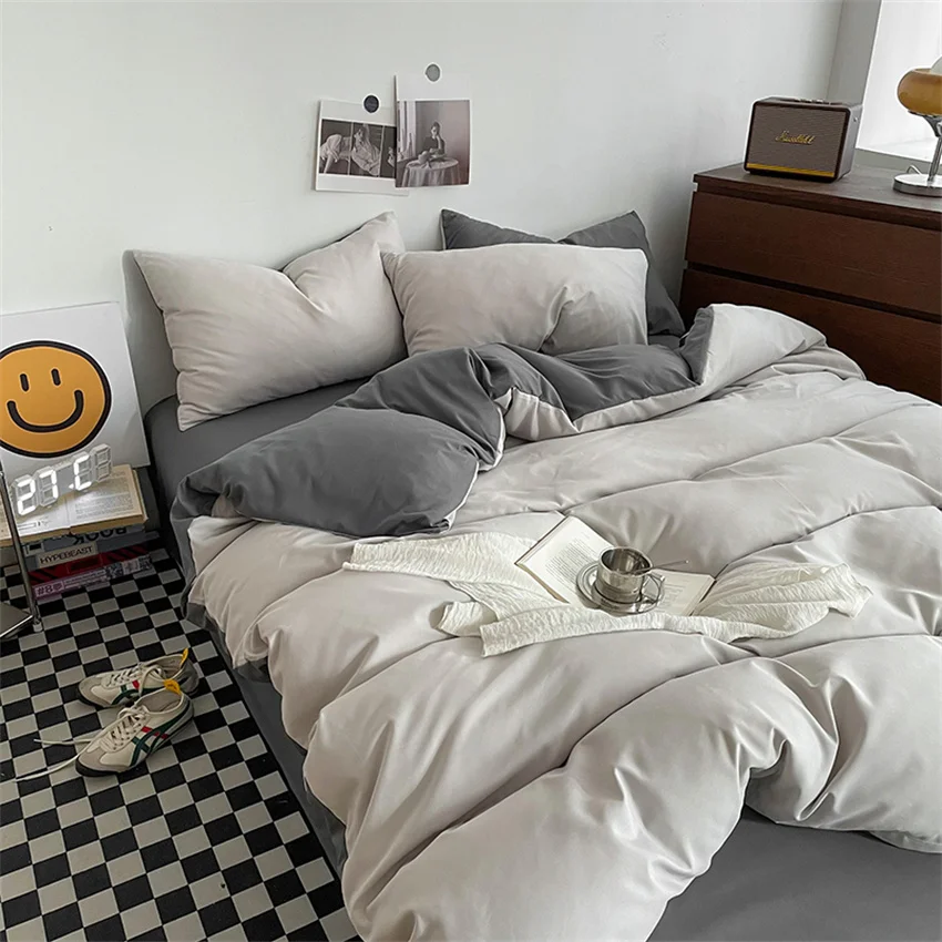 Ins Style Bedding Set Washed Cotton Duvet Cover Pillowcase Solid Color Soft Comforer Quilt Cover Bedspreads Bed Linen Flat Sheet