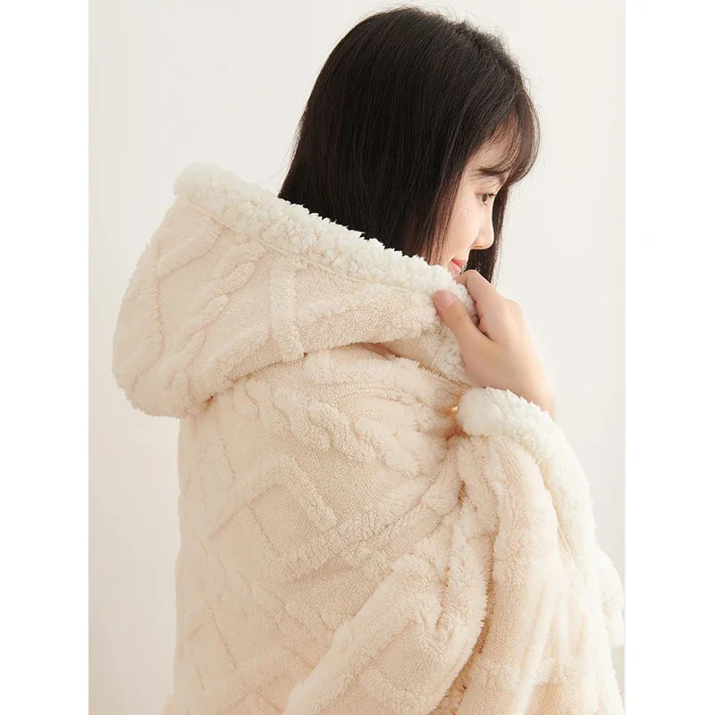 WASART Soft warm coral fleece cape blanket hooded wearable blanket winter fluffy plush outdoor flannel hoodie blanket shawl