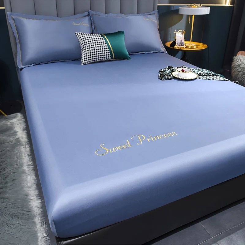 WASART Luxury Summer Satin Rayon Solid Embroidery Fitted Sheet Elastic Mattress Protector for Couples Bedding Cooling Bed Cover