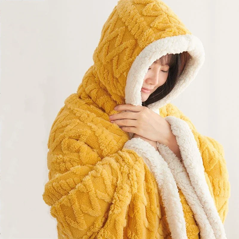 WASART Soft warm coral fleece cape blanket hooded wearable blanket winter fluffy plush outdoor flannel hoodie blanket shawl