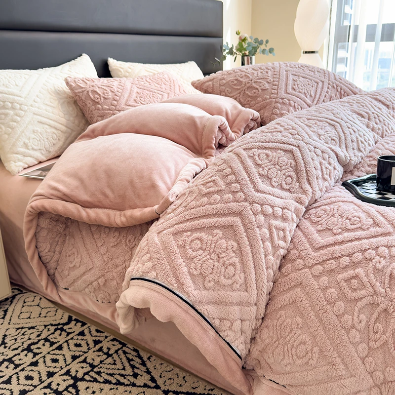 Solid Color Milk Velvet 4pcs Bedding Set with Quilt Cover Bed Sheet Pillowcase Luxury Thick Warm Duvet Cover Set Soft Bed Sets