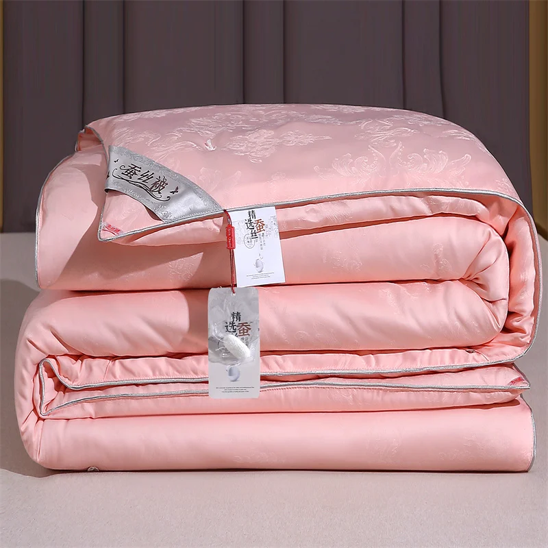 Luxury Mulberry Silk Quilt Comforter All Season Bed Blanket Jacquard 100% Silk Filling Quilts with 100% Cotton Cover Queen Duvet