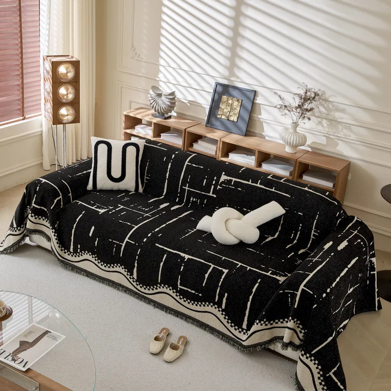 Minimalism Jacquard Chenille Sofa Towel Mat with Tassels Double Sides for Living Room Camping Travel Large Blanket Couch Cushion