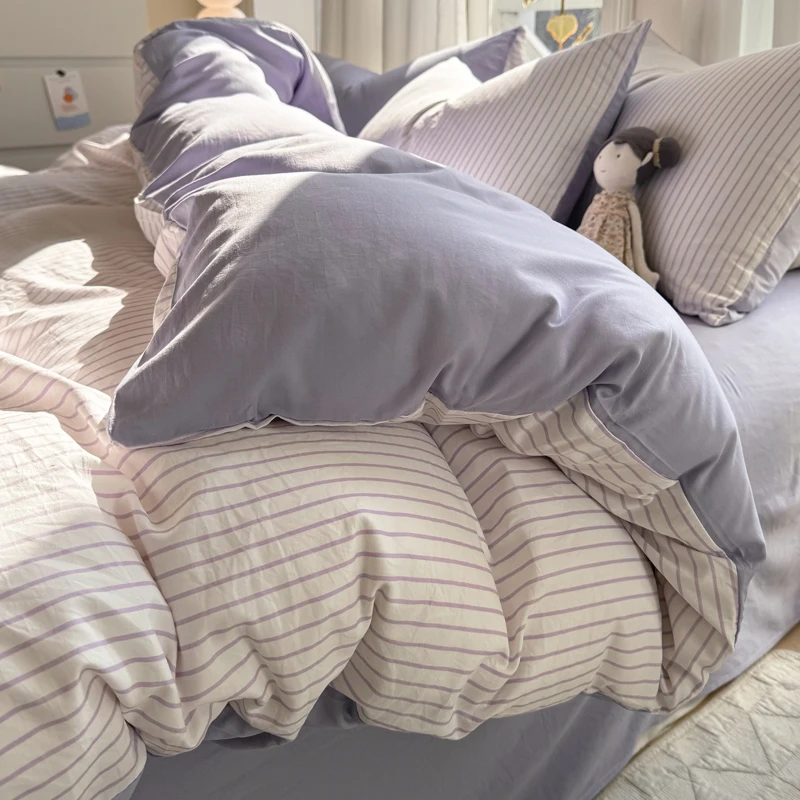 Simple Striped Washed Cotton Duvet Cover Set 3/4 Pieces Bedding Set with Quilt Cover Bed Sheet Sets Pillowcase Soft Breathable