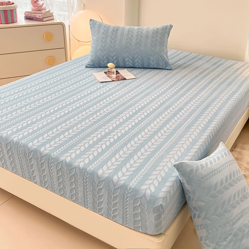WASART Winter coral fleece jacquard fitted sheet elastic mattress protector cover warm fluffy plush bed linens 150x200 king size