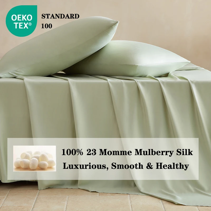 100% Mulberry Silk Bed Sheets Set Luxury Smooth Ultra Soft Bedding Sets with Fitted Sheet Flat Sheet Pillowcase for All Season