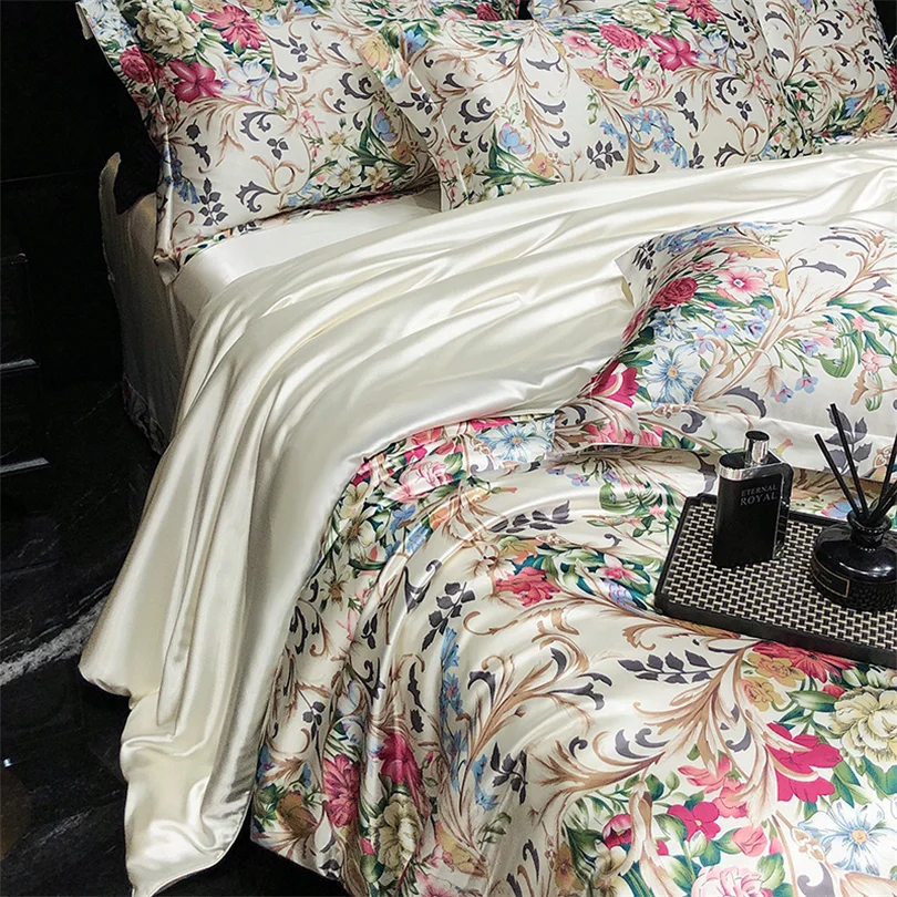 Home Silk Duvet Cover Set with Bed Sheet Pillowcase 4 Piece Natural Silk Bedding Sets Soft Smooth Comforter Covers with Zipper