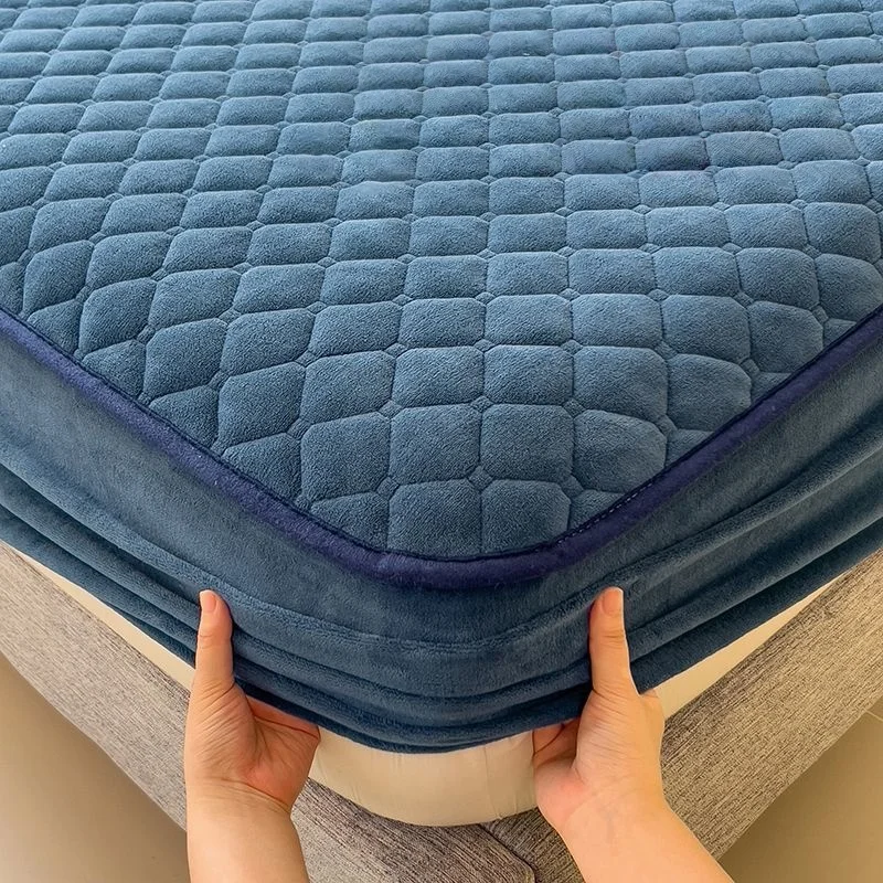 WASART Winter Warm Coral Fleece Mattress Protector Cover Quilted Thermal Elastic Fitted Sheet Luxury Double Bed Protection Pad