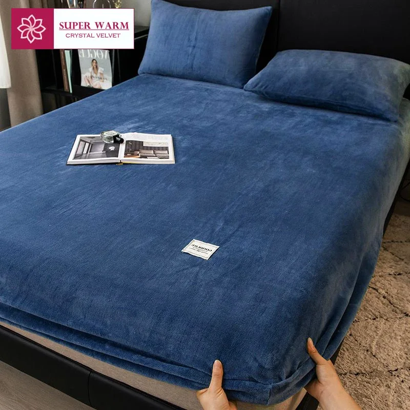 WASART Winter warm plush fitted sheet elastic mattress cover fluffy coral fleece bed linens couple luxury double bed king size