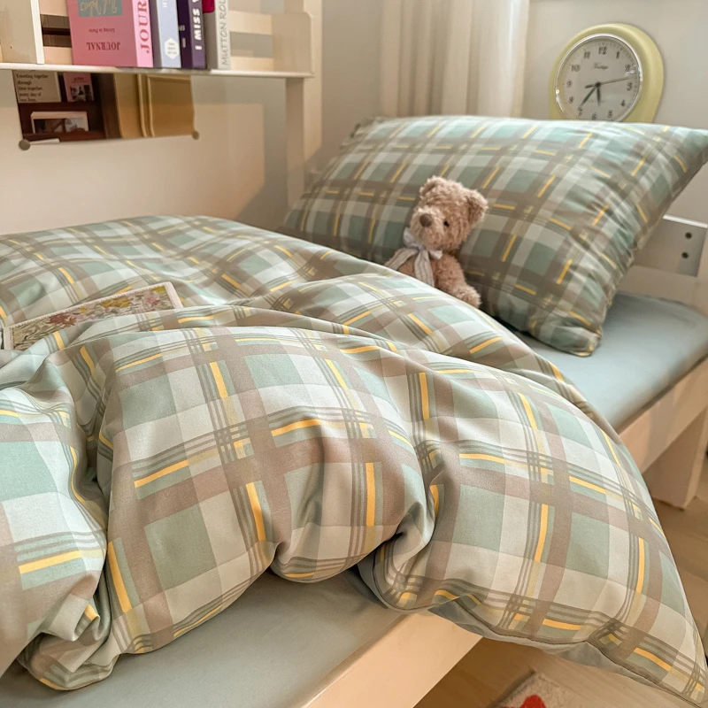 Washed Cotton Duvet Cover Set Quilt Set Ins Nordic Minimalist Style Plaid Bed Set Home Textile Students Bedding Set Bed Sheets