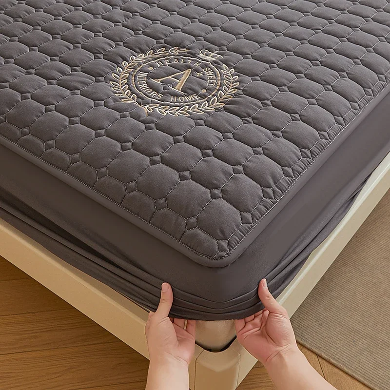 WASART Thicken quilted mattress protector cover solid embroidery luxury double bed elastic fitted sheet style bed protection pad
