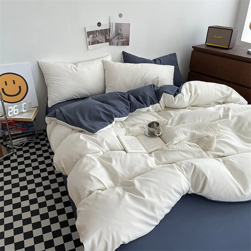 Ins Style Bedding Set Washed Cotton Duvet Cover Pillowcase Solid Color Soft Comforer Quilt Cover Bedspreads Bed Linen Flat Sheet