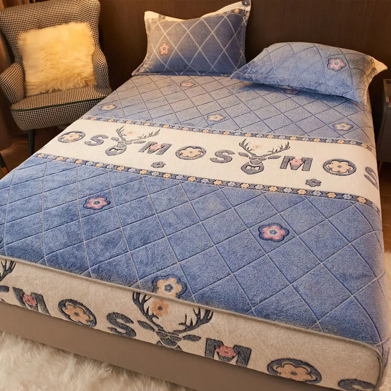 WOSTAR Winter thermal velvet fleece fitted sheet elastic mattress protector cover double bed couple fluffy flannel bed linen 150