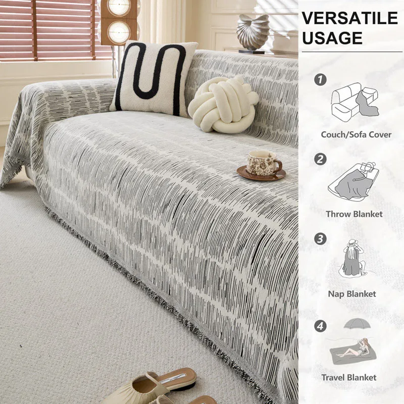 Minimalism Jacquard Chenille Sofa Towel Mat with Tassels Double Sides for Living Room Camping Travel Large Blanket Couch Cushion