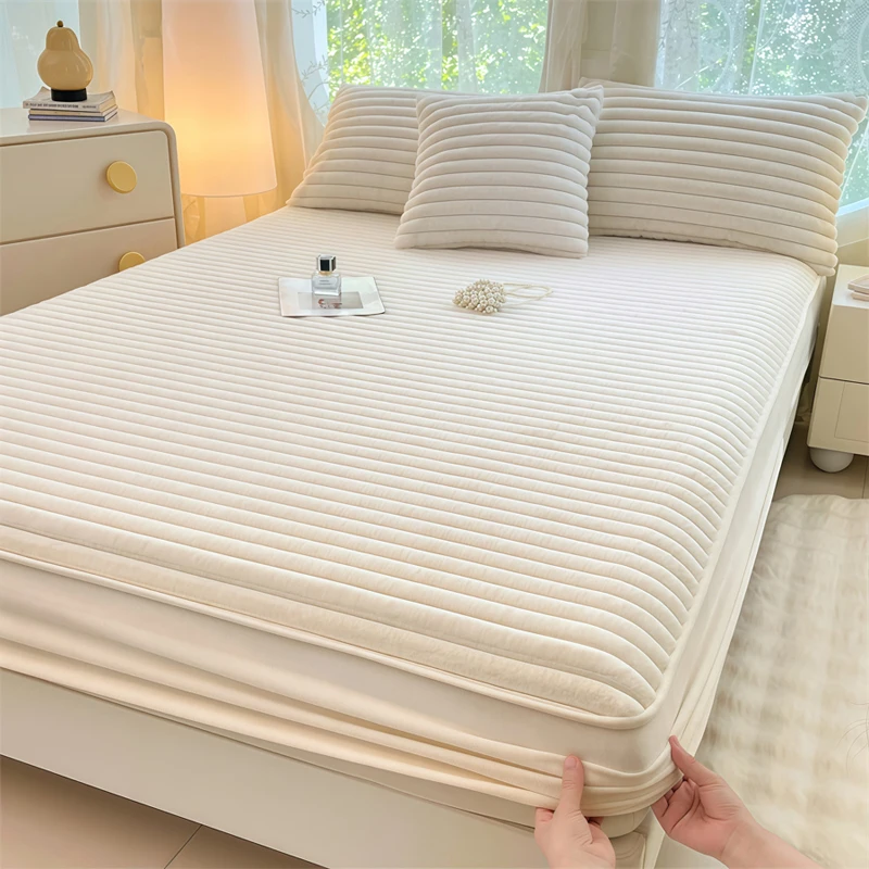 WASART Fluffy Rabbit Plush Fitted Sheet Elastic Mattress Cover Warm Winter Coral Fleece bed linens Luxury Double Bed King Size