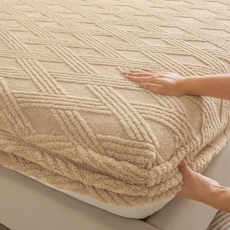 WASART Soft warm coral fleece fitted sheet elastic mattress protector cover plaid jacquard winter fluffy plush bed linen 180x200