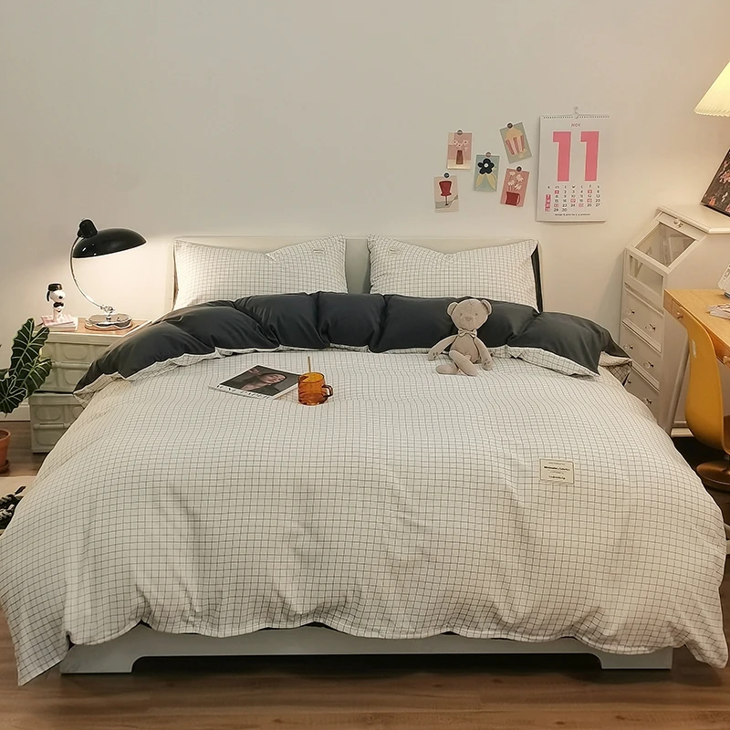 Pure Cotton Home Textile Plaid Pattern Bedding Set Simple Soft Duvet Cover Flat/Fitted Sheets Pillowcases Bed Linens Queen King