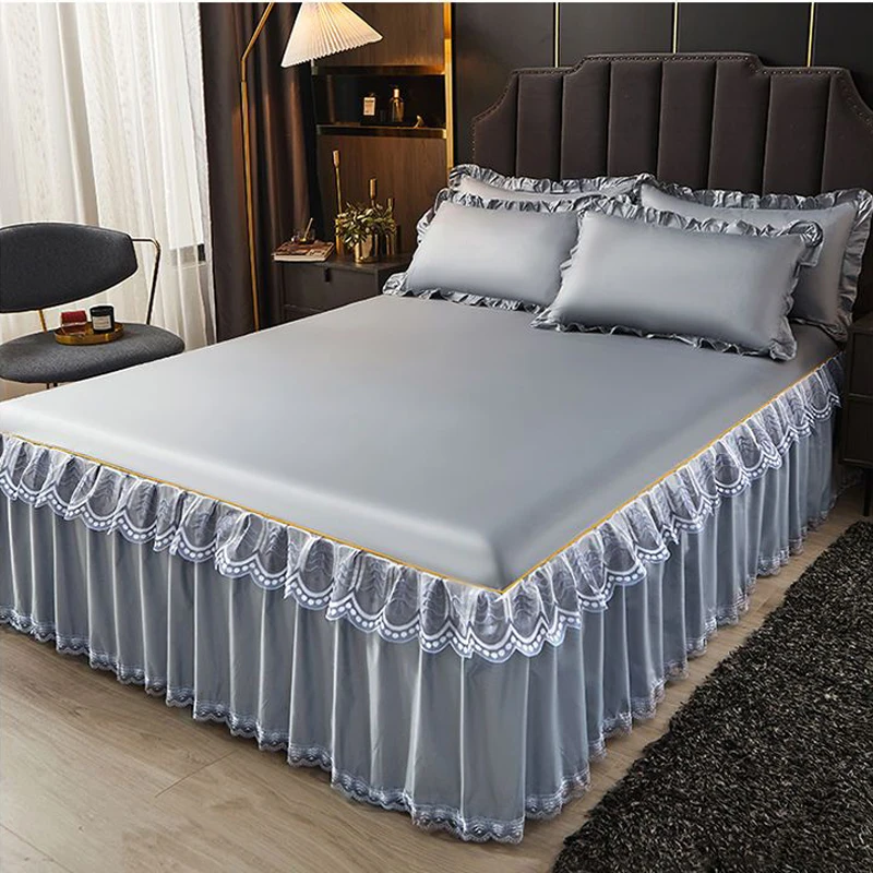 WASART Luxury lace bed skirt summer bedspread solid satin rayon bed linen couple bedding single double queen king size bed sheet