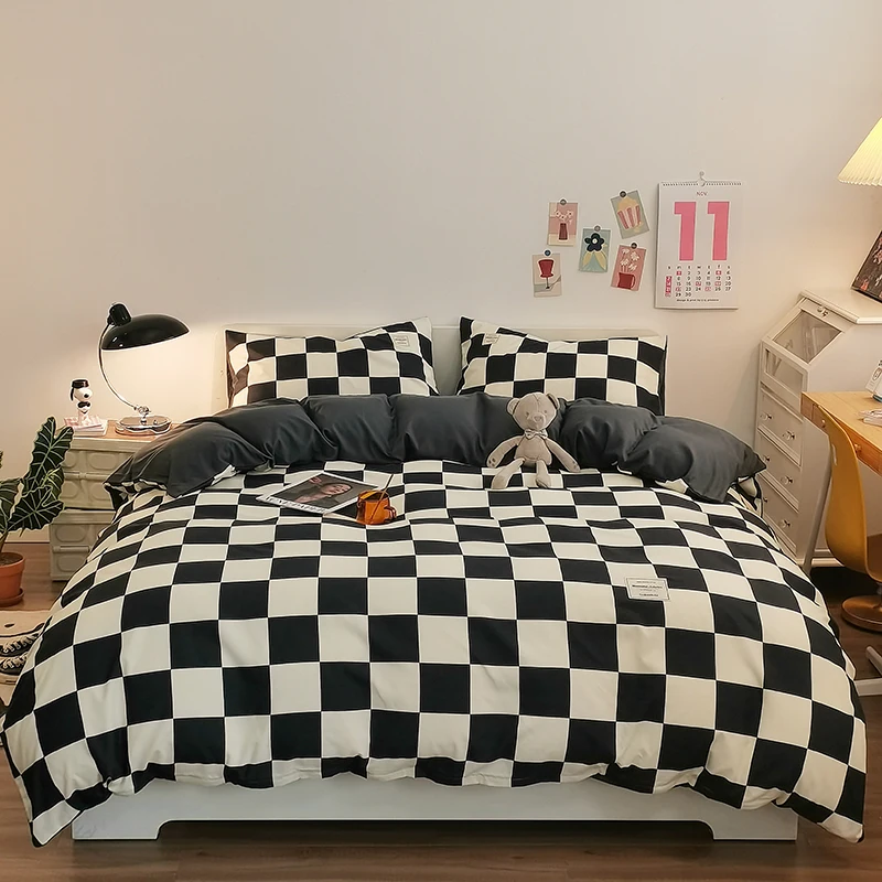 Pure Cotton Home Textile Plaid Style Bedding Set Simple Soft Duvet Cover Sheet Pillowcases Ins Style Bed Linens Queen King Size