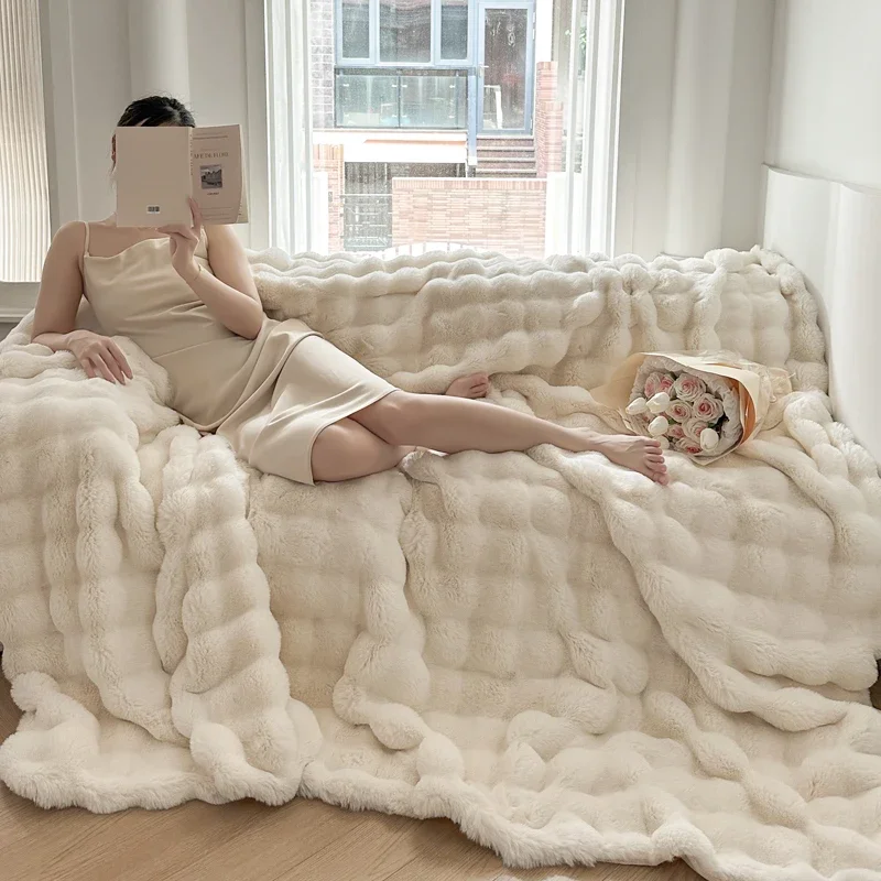 WASART Faux fur plush throw blanket warm winter soft fluffy blankets for bed luxury plaid couch cover for sofa pillow case gift