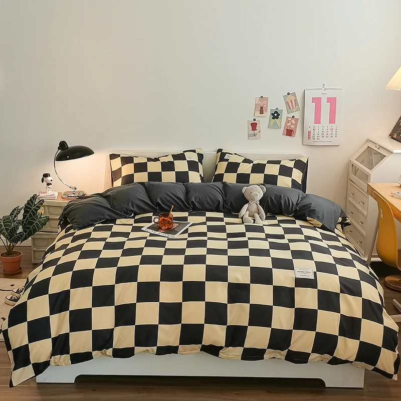 Pure Cotton Home Textile Plaid Pattern Bedding Set Simple Soft Duvet Cover Flat/Fitted Sheets Pillowcases Bed Linens Queen King