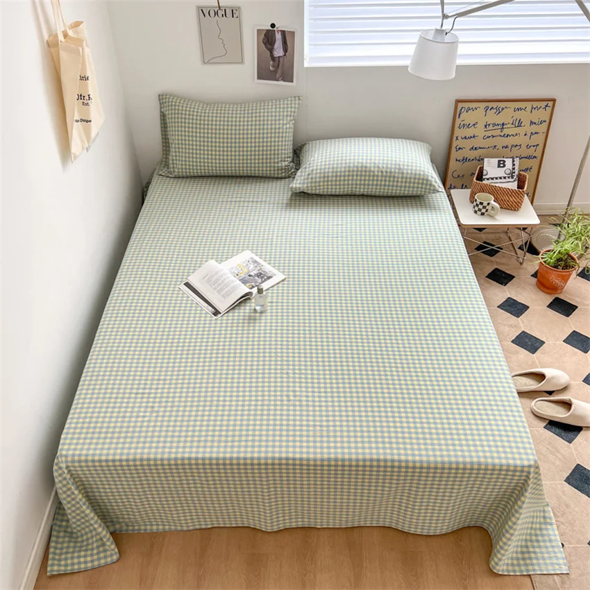 100% Pure Cotton Bedsheet 1pc Flat Sheets Nordic Grid Pattern Bed Sheet Soft Comfort Home Textile Without Pillowcase Multi-Size